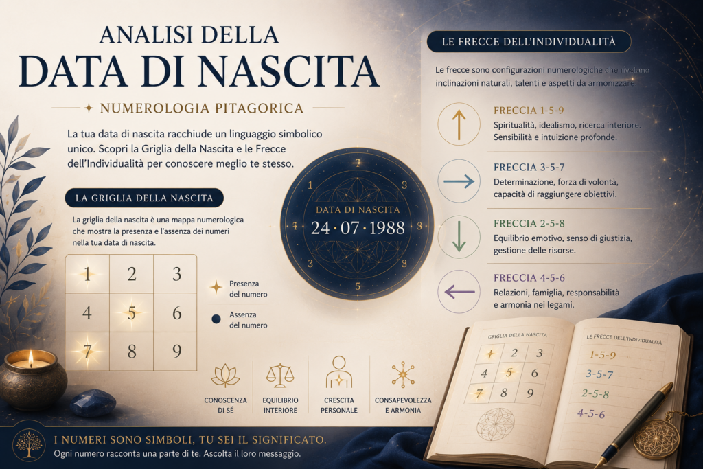 Analisi della data di nascita nella numerologia pitagorica con griglia della nascita e frecce dell’individualità