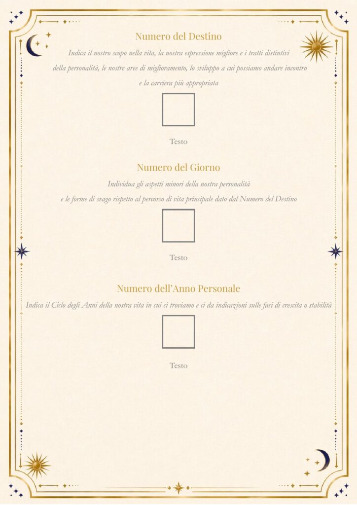 Documento personalizzato dell’analisi numerologica di Armonia Numerica in stile diploma elegante