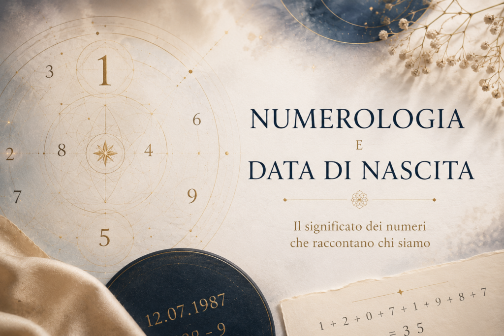 Illustrazione simbolica della numerologia e della data di nascita con numeri, geometrie sacre e stile elegante ispirato alla numerologia pitagorica