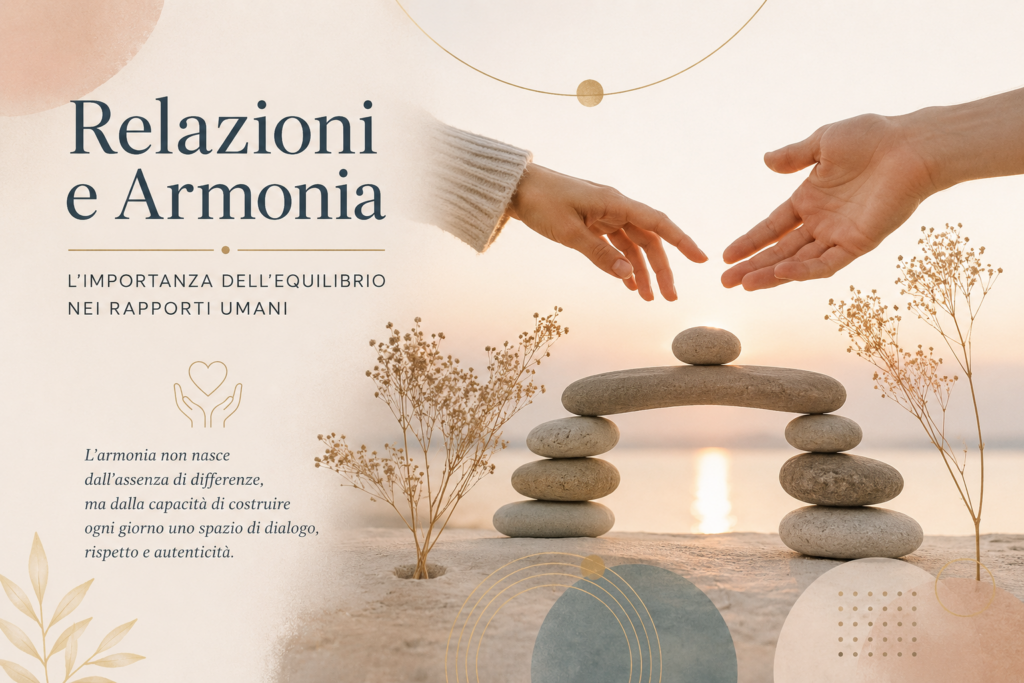 Relazioni e armonia rappresentate da due mani che si avvicinano sopra pietre in equilibrio, simbolo di dialogo, rispetto e connessione umana.